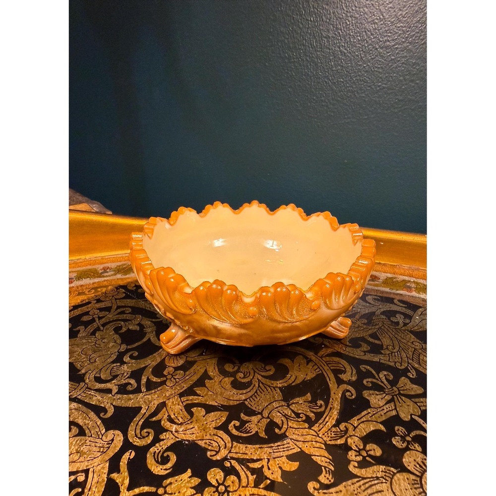 Antique Greentown Leaf & Bracket Chocolate‎ Slag Glass Bowl c.1899